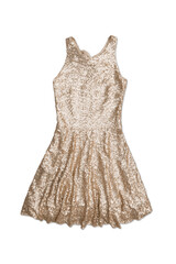 golden sequin party dress, isolated on white background