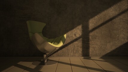 Armchair in modern interior background on the concrete wall with brick floor. Copy space image. 3d render
