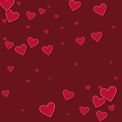 Cutout red paper hearts. Scatter pattern on wine red background. Vector illustration.