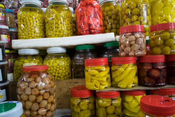 Traditional pickles food in street market. Terengganu, Malaysia.