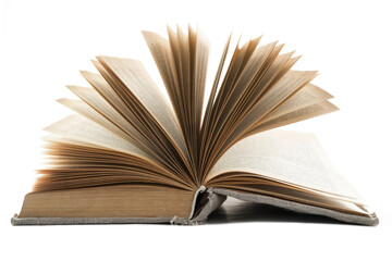 Opened vintage book in an old cloth cover lies on a white isolated background. Horizontal frame