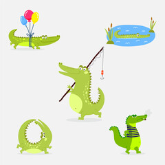 Fototapeta premium Cartoon green crocodile funny predator australian wildlife river reptile alligator flat vector illustration.
