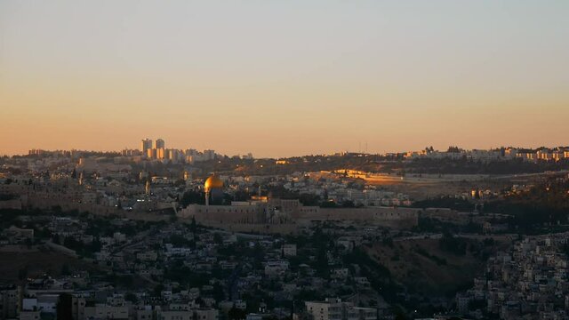 Jerusalem panoramic sunset aerial view timelapse. Jerusalem is most sacred place for religious people christians muslims and jews.