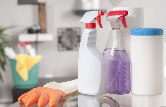 Cleaning supplies. Plastic detergent bottles.