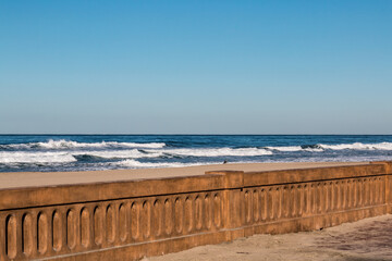 Mission Beach boardwalk seawall in San Diego, California after its 2016 restoration to its original look from the 1920s. 