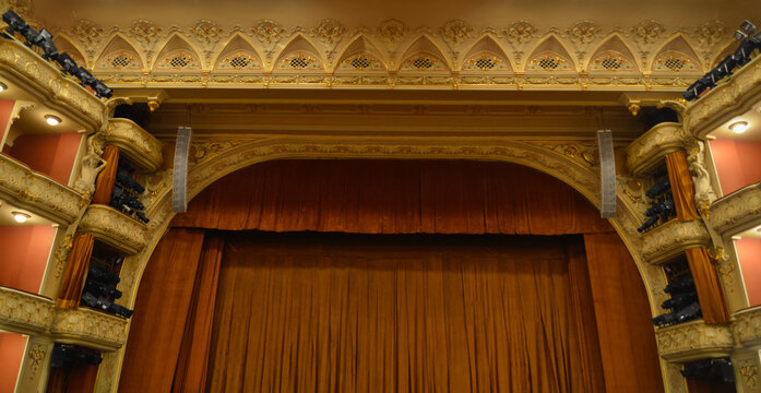 Curtains and lamps of indoor performance stage
