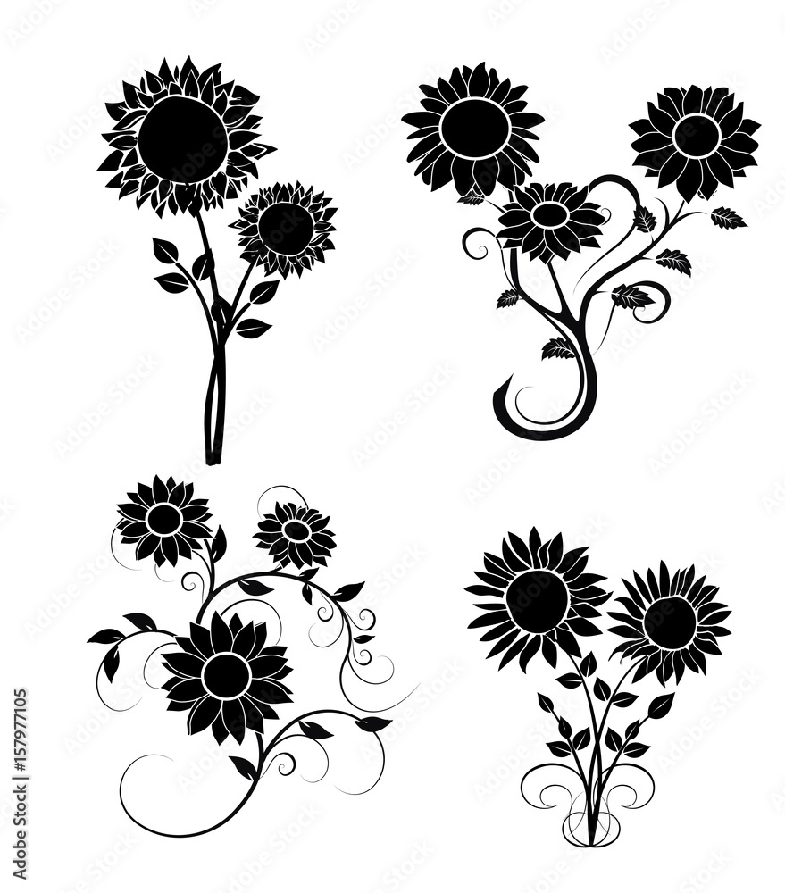 Wall mural set of sunflowers silhouette 2