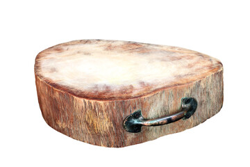 Old wooden chopping board isolated on white background