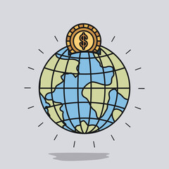 color image background with money box in globe earth world shape with golden coin vector illustration