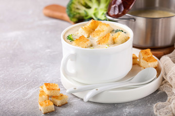 Broccoli cheese cream soup. Selective focus. Copy space