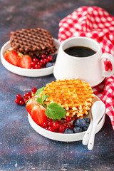 Wafers with berries. Selective focus. Copy space