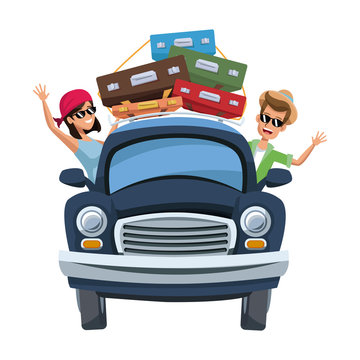 Cartoon Character Travelers With Vintage Car With Luggage On Top Vector Illustration