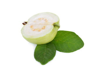half cut fresh guava with leaves on white background