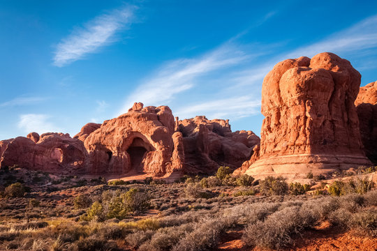 Double Arch and the South Window in Arches National Park, Utah, USA.