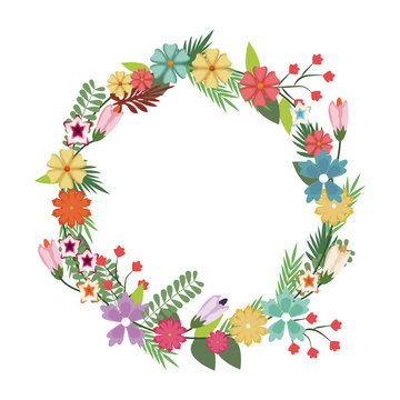 beautiful wreath elegant floral leaves and flowers vector illustration