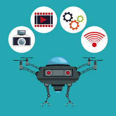 color background drone with metal arms and icons set tech robot vector illustration