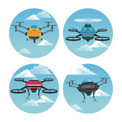 set circular frame with sky landscape scene and robot drone with airscrew vector illustration
