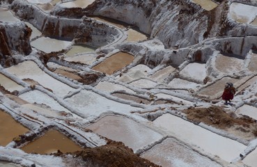 Spectacular salt pans laid out like a patchwork quilt on a mountain side in Peru. 
