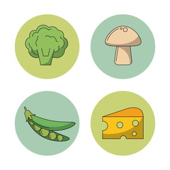 Fototapeta premium white background with vegetables cauliflower mushroom peas and slice cheese in round frames vector illustration