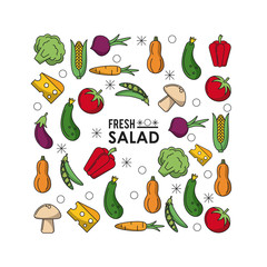 colorful poster of fresh salad with vegetables and mushroom and cheese vector illustration