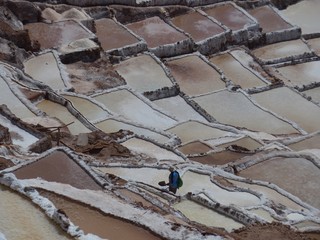 Worker carrying a shovel navigating a series of narrow trails withing a vast array of salt pans. 