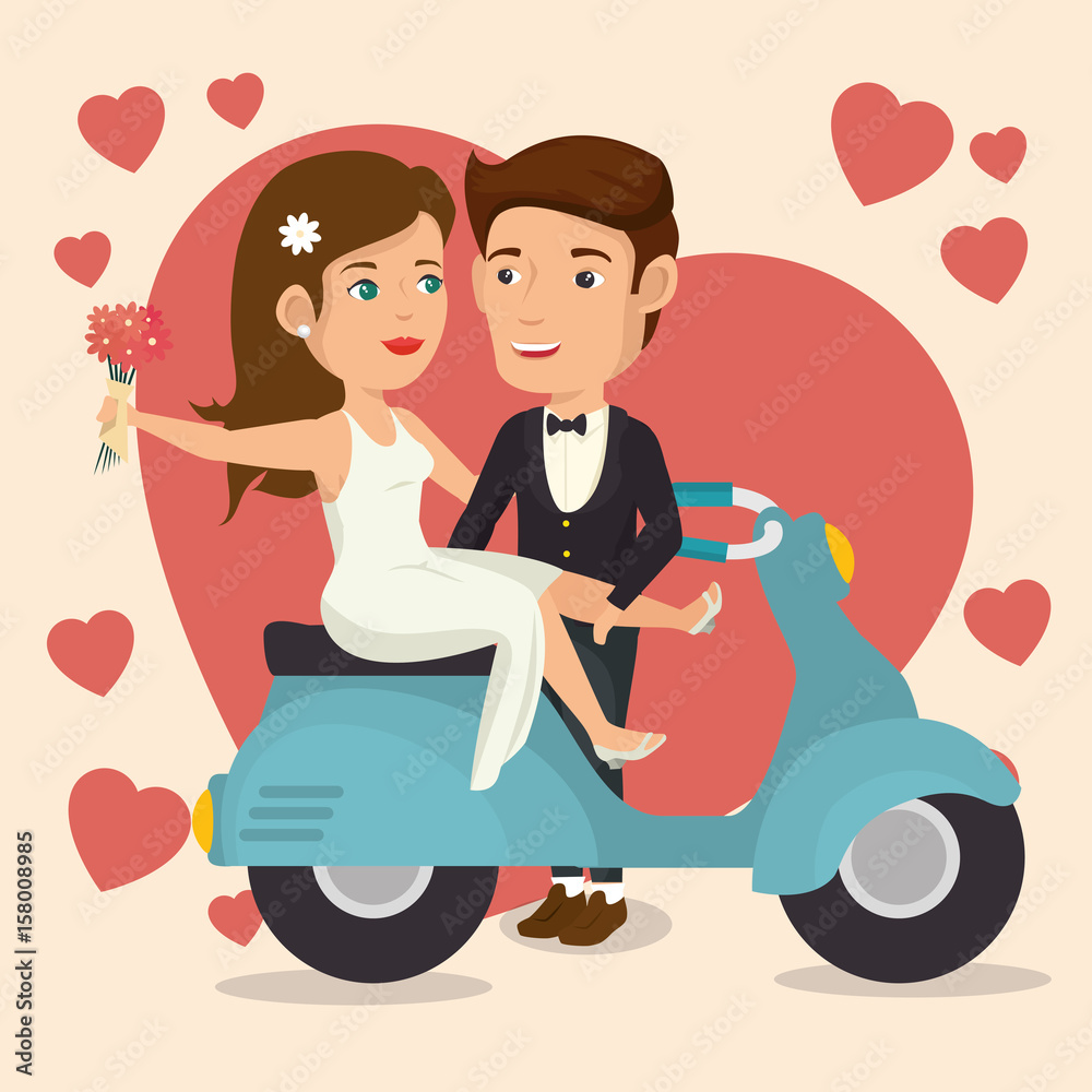 Wall mural groom, bride and motorcycle with hearts and flowers over peach background. vector illustration.