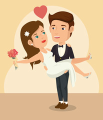 Groom picking bride up with flowers and heart over beige background. Vector illustration.