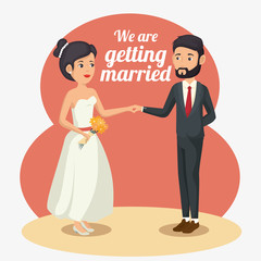 Groom holding brides hand and we are getting married sign over white background. Vector illustration.