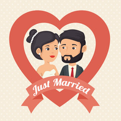Just married  with heart shaped frame over beige dotted background. Vector illustration.