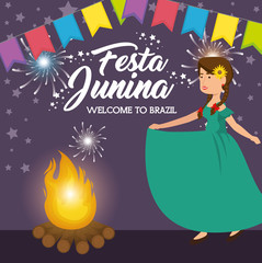 Obraz na płótnie Canvas Fire and dancing woman with festive banner festa junina design vector illustration