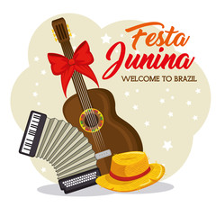 Guitar with ribbon accordion and hat over beige and white background Vector illsutration