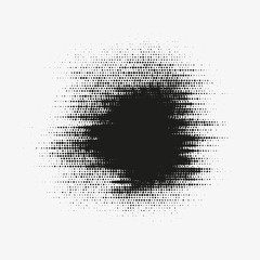 Glitched vector halftone stain. Black blot made of round particles. Modern abstract generative illustration with random distorted spot. Scattered array of dots. Gradation of tone. Element of design. - 158012506