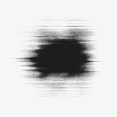 Glitched vector halftone stain. Black blot made of round particles. Modern abstract generative illustration with random distorted spot. Scattered array of dots. Gradation of tone. Element of design.