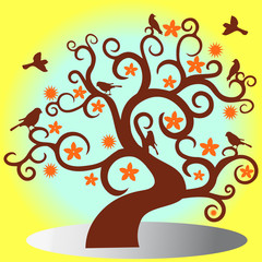 Tree without leaves silhouette, brown with birds-Vector illustration