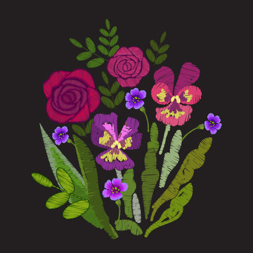 Pansies and Roses Embroidery Design on black background. EPS Vector illustration