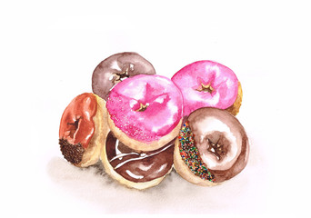 Watercolor donut set isolate on white background, caramel, pink and chpcolate sonuts