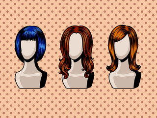 Female wigs comic book style vector - obrazy, fototapety, plakaty