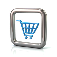 Metallic rounded square frame with blue shopping cart icon