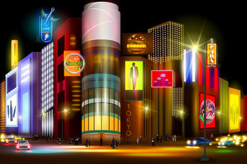City nightlife of busy street Tokyo