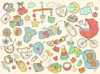 Newborn infant themed doodle set. Baby care, feeding, clothing, 