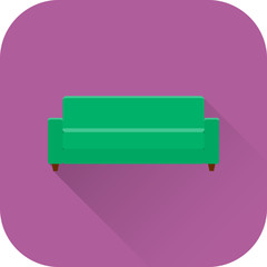 Sofa icon. Vector. Flat design with long shadow. Green couch isolated on purple background. Furniture for living room.