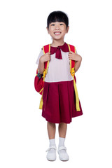 Asian Little Chinese girl in school uniform with school bag