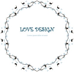 Round loving design, Lorem Ipsum background. Painting blue snowflakes, black loving birds on branches, hearts on white. Stock vector illustration for wedding design