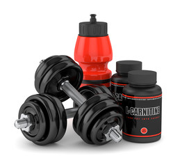 3D render of l-carnitine with dumbbells and water bottle