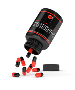 3D render of l-carnitine bottle with pills over white