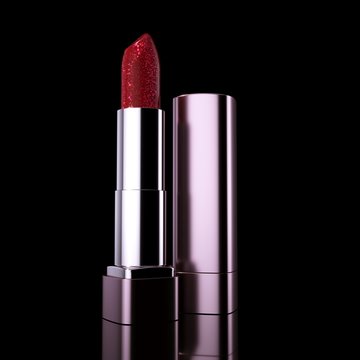 Red flickering glitter lipsticks on mirror surface. Black background. 3D rendering
