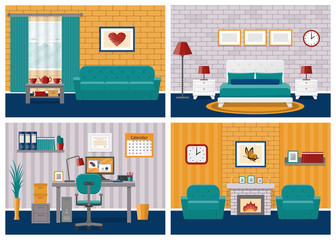 Rooms interiors. Living room, bedroom, hotel, office workspace in flat design with furniture. Vector. Cartoon house equipment couch, bed, fireplace, armchair, desk, computer, lamps. Set illustrations.