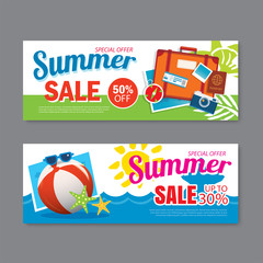 Fototapeta na wymiar Summer sale voucher background template. Discount coupon. Banner season elements flat design.