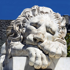 Marble sculpture of sleeping lion in Vorontsov Palace in the town of Alupka, Crimea, Russia.