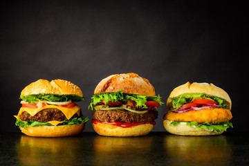 Cheeseburger, Hamburger and Chicken burger